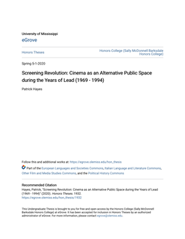 Cinema As an Alternative Public Space During the Years of Lead (1969 - 1994)