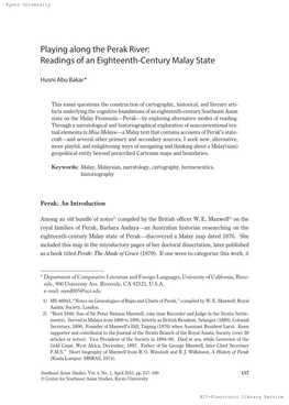 Playing Along the Perak River: Readings of an Eighteenth-Century Malay State