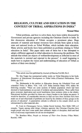 Religion, Culture and Education in the Context of Tribal Aspirations in India 
