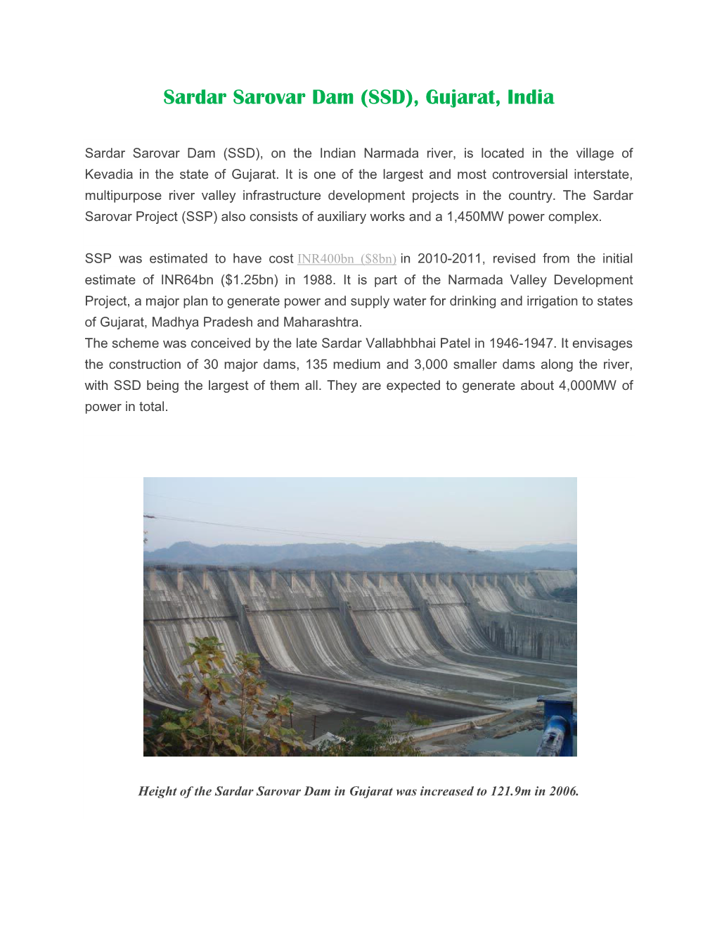 Sardar Sarovar Dam (SSD), Gujarat, India