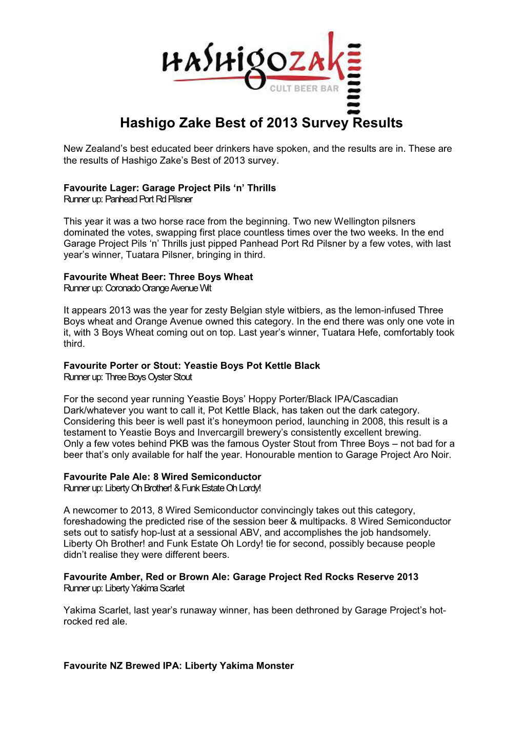 Hashigo Zake Best of 2013 Survey Results
