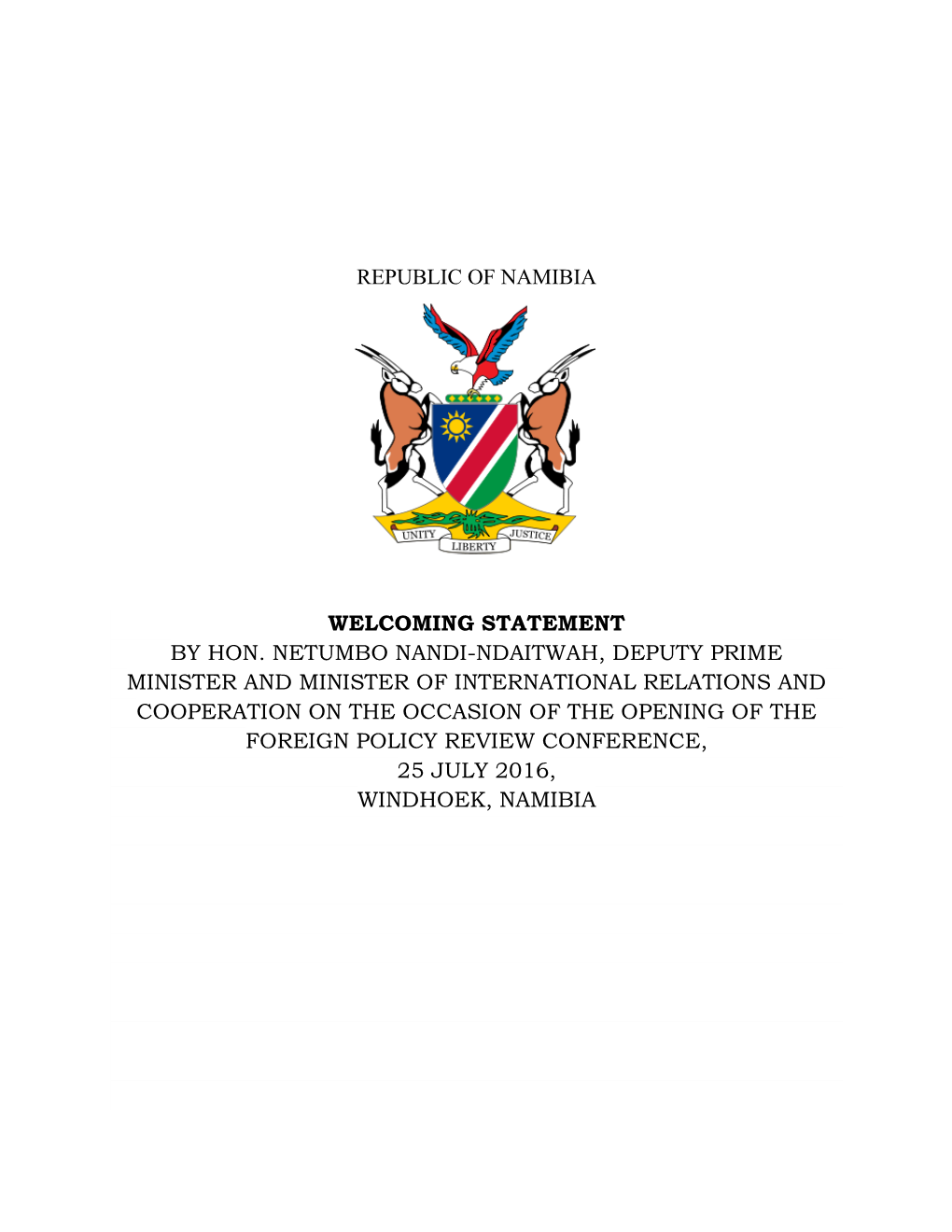 Republic of Namibia Welcoming Statement By