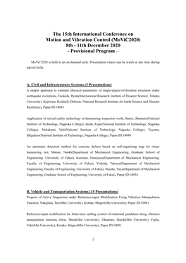 The 15Th International Conference on Motion and Vibration Control (Movic2020) 8Th - 11Th December 2020 - Provisional Program –