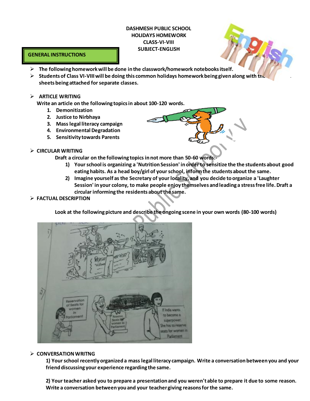 Dashmesh Public School Holidays Homework Class-Vi-Viii Subject-English General Instructions