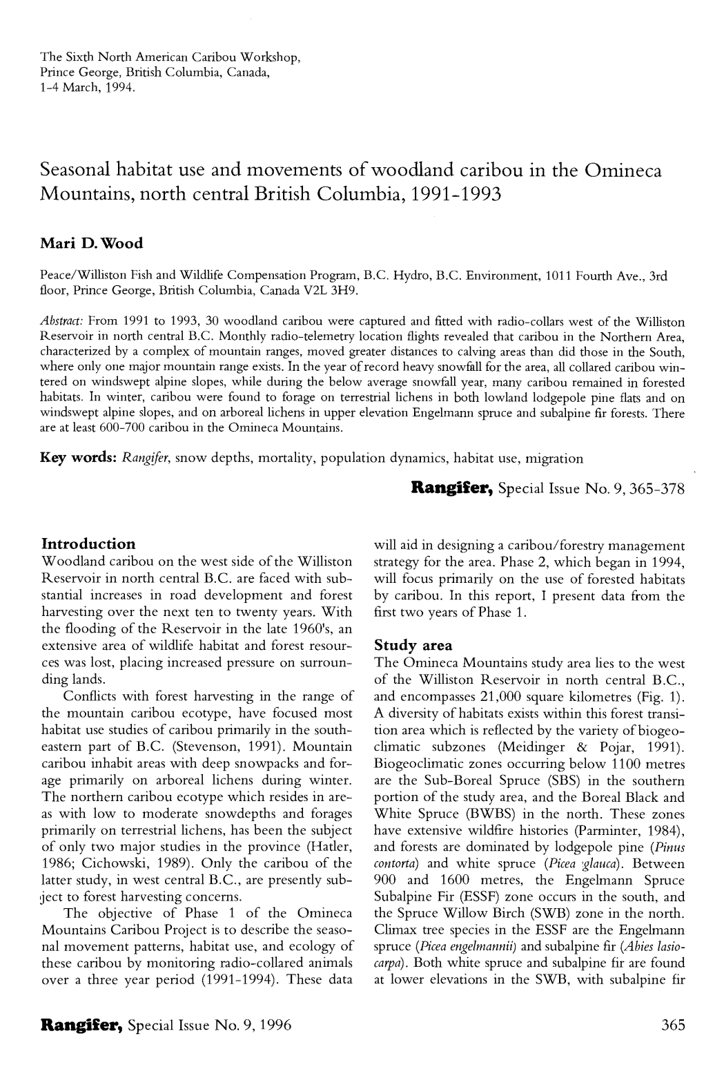 Seasonal Habitat Use and Movements of Woodland Caribou in the Omineca Mountains, North Central British Columbia, 1991-1993