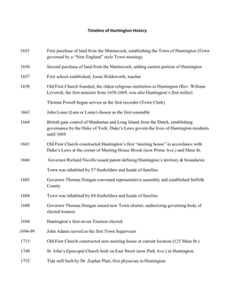 Timeline of Huntington History 1653 First Purchase of Land from The