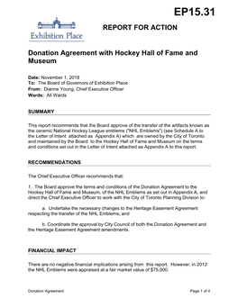 Donation Agreement with Hockey Hall of Fame and Museum