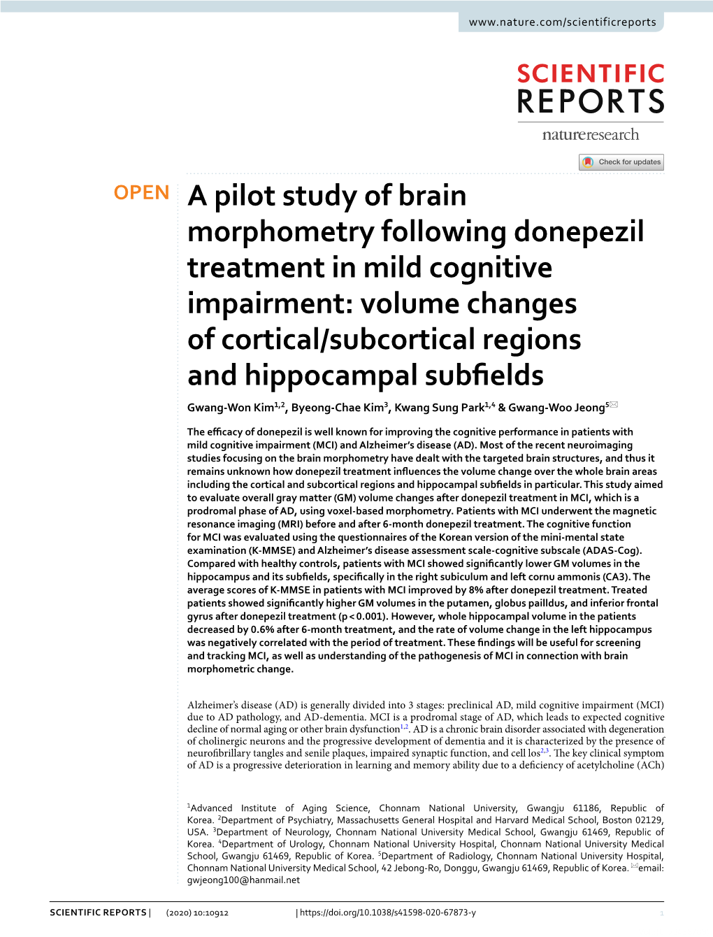 A Pilot Study of Brain Morphometry Following Donepezil