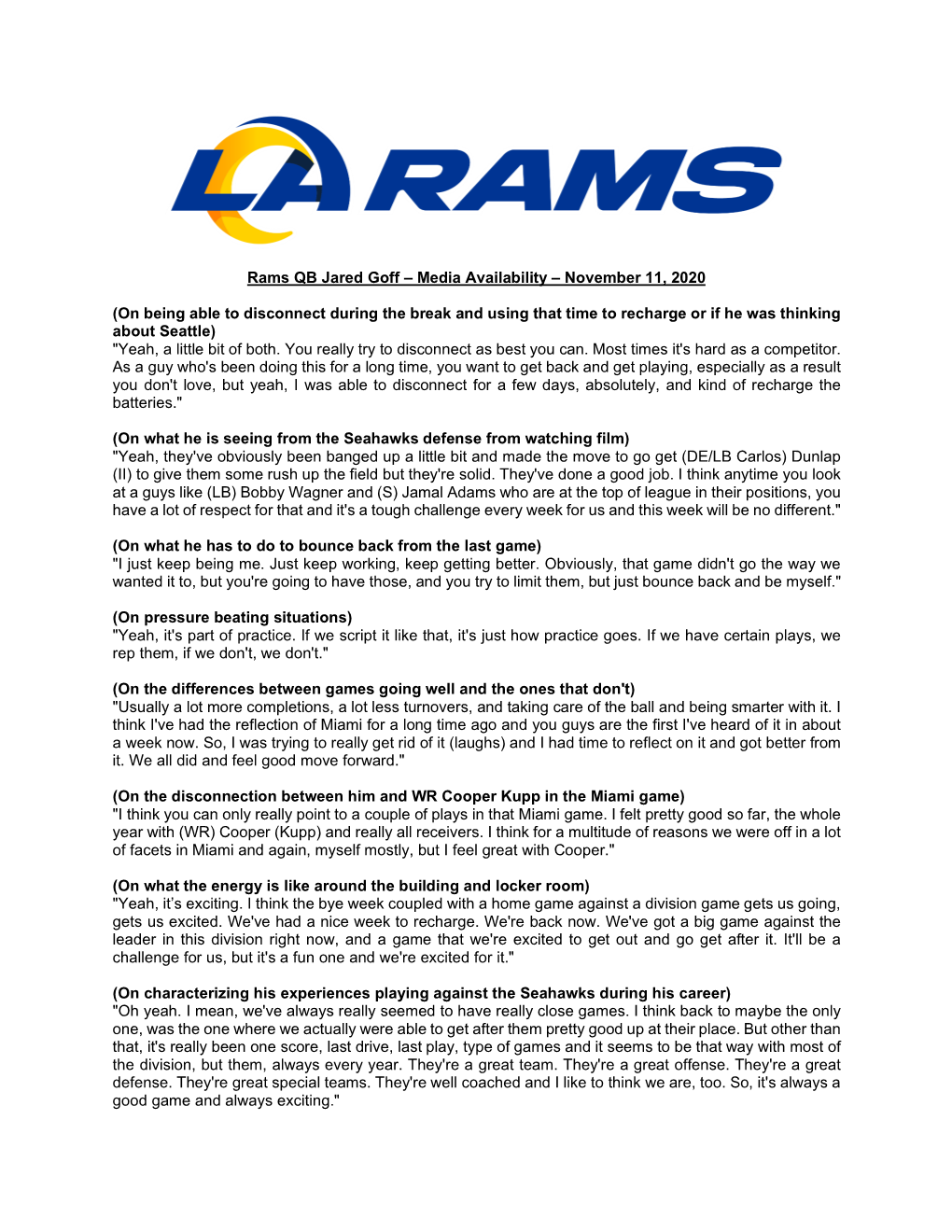 Rams QB Jared Goff – Media Availability – November 11, 2020 (On
