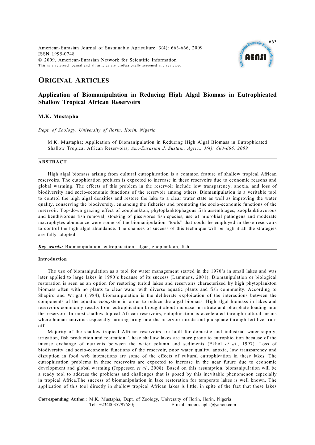 Application of Biomanipulation in Reducing High Algal Biomass in Eutrophicated Shallow Tropical African Reservoirs