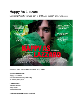 Happy As Lazzaro Marketing Pack for Venues, Part of BFI FAN’S Support for New Releases