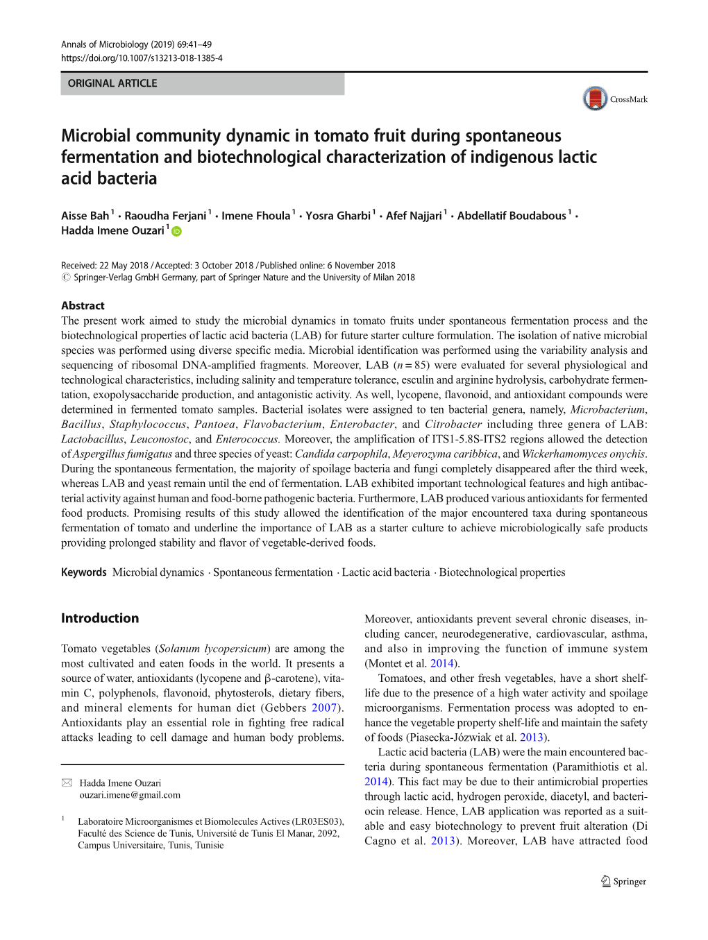 Microbial Community Dynamic in Tomato Fruit During Spontaneous Fermentation and Biotechnological Characterization of Indigenous Lactic Acid Bacteria