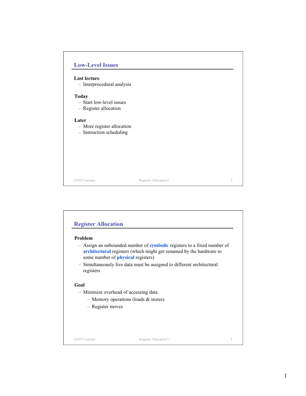 1 Low-Level Issues Register Allocation