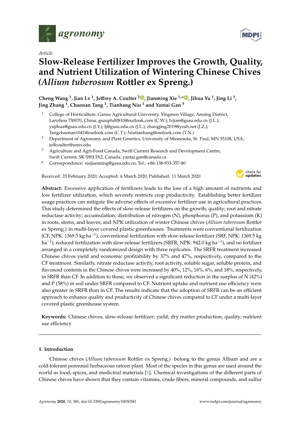 Slow-Release Fertilizer Improves the Growth, Quality, and Nutrient Utilization of Wintering Chinese Chives (Allium Tuberosum Rottler Ex Spreng.)