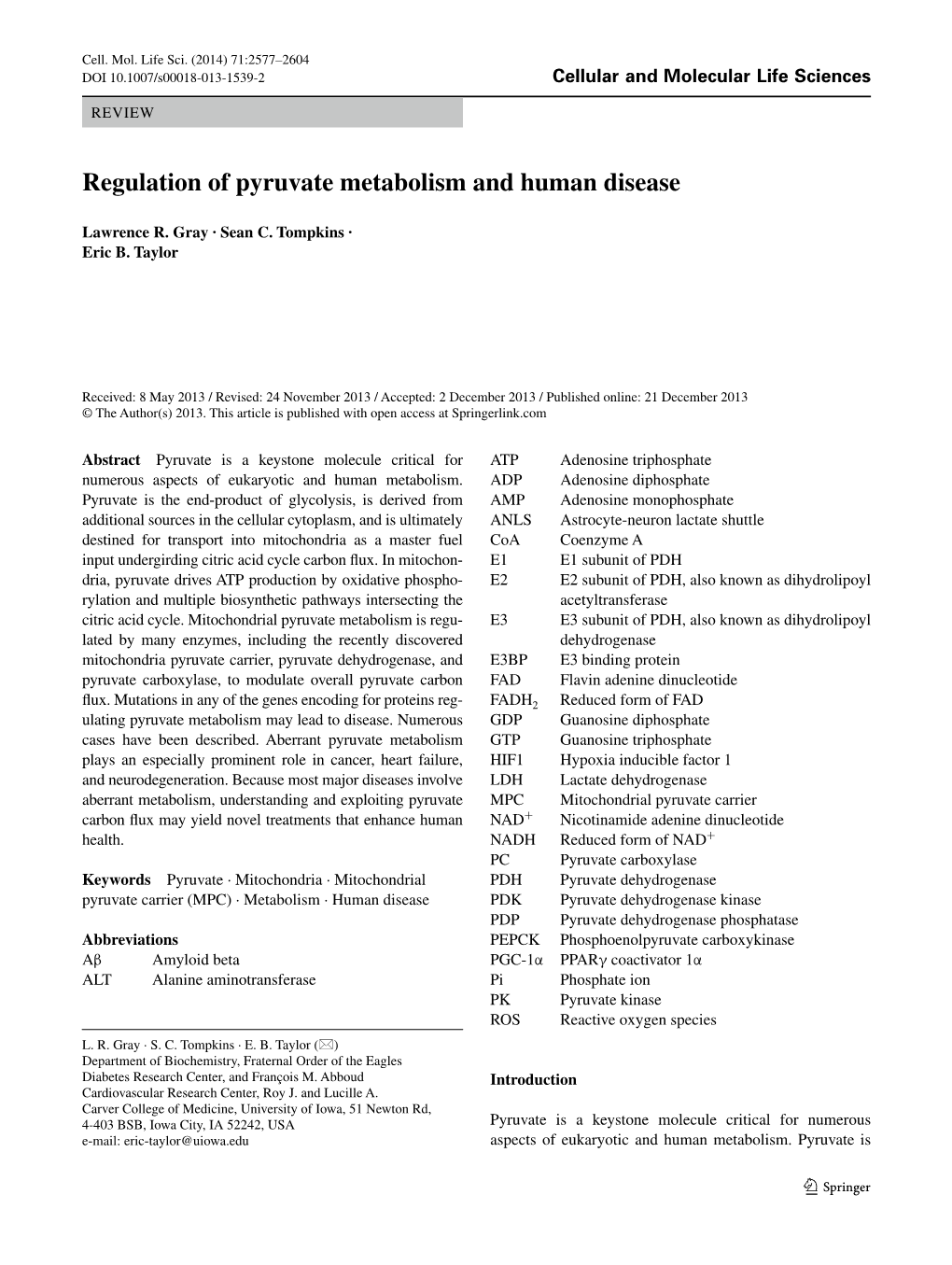 Regulation of Pyruvate Metabolism and Human Disease