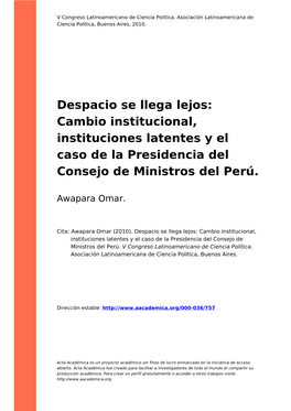 Cambio Institucional, Instituciones Latentes Y El Caso De La Presidencia Del Consejo De Ministros Del Perú