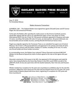 Aug. 27, 2018 for Immediate Release Raiders Announce