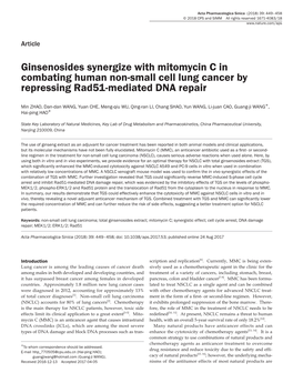 Ginsenosides Synergize with Mitomycin C in Combating Human Non-Small Cell Lung Cancer by Repressing Rad51-Mediated DNA Repair