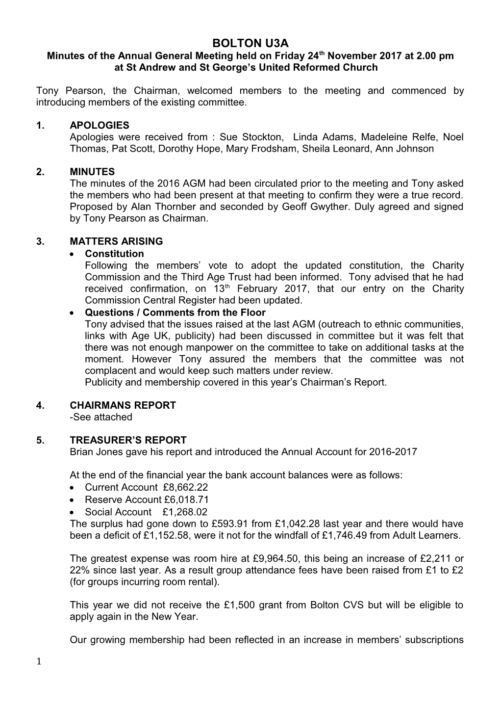 Minutes of the Annual General Meeting Held on Friday 24Th November 2017 at 2.00 Pm