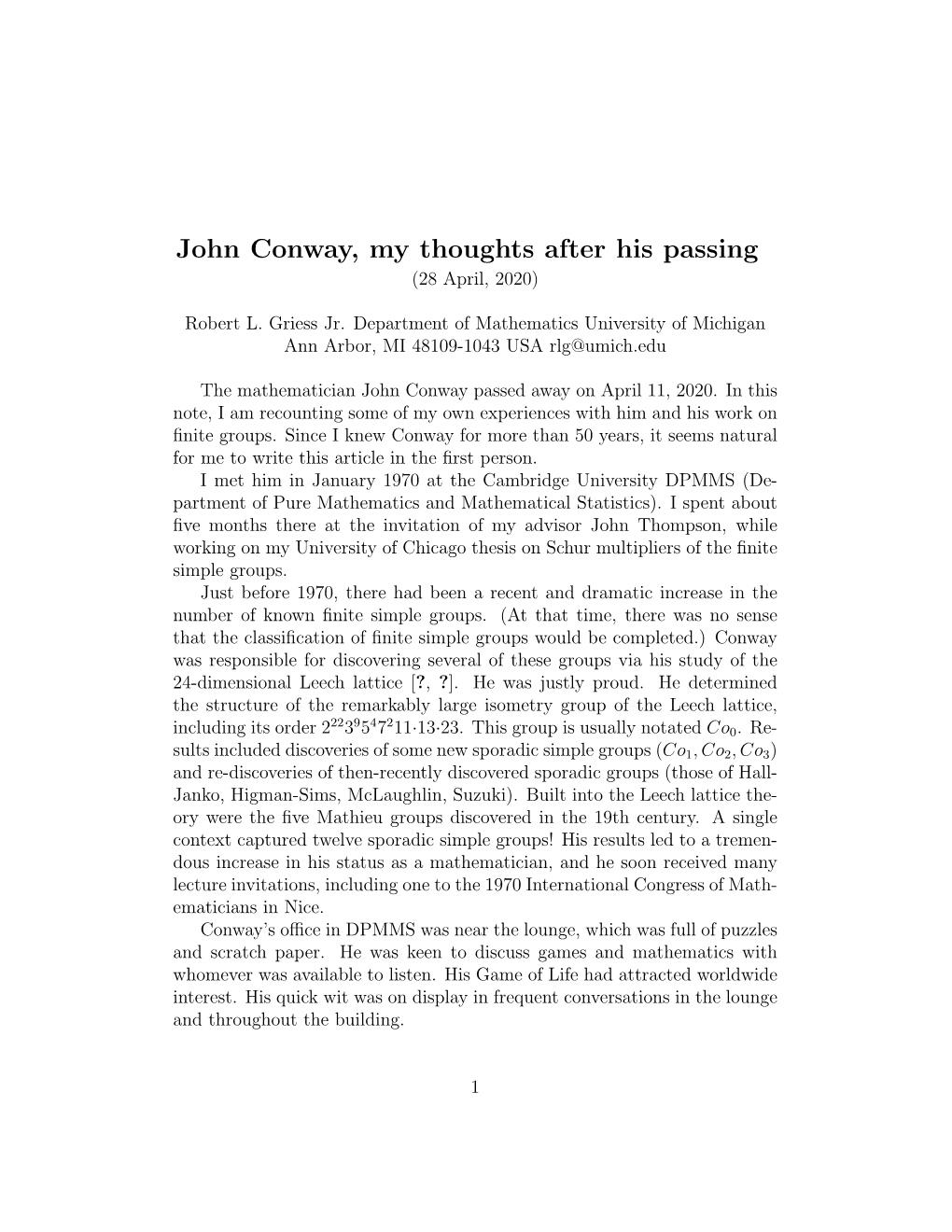 John Conway, My Thoughts After His Passing (28 April, 2020)