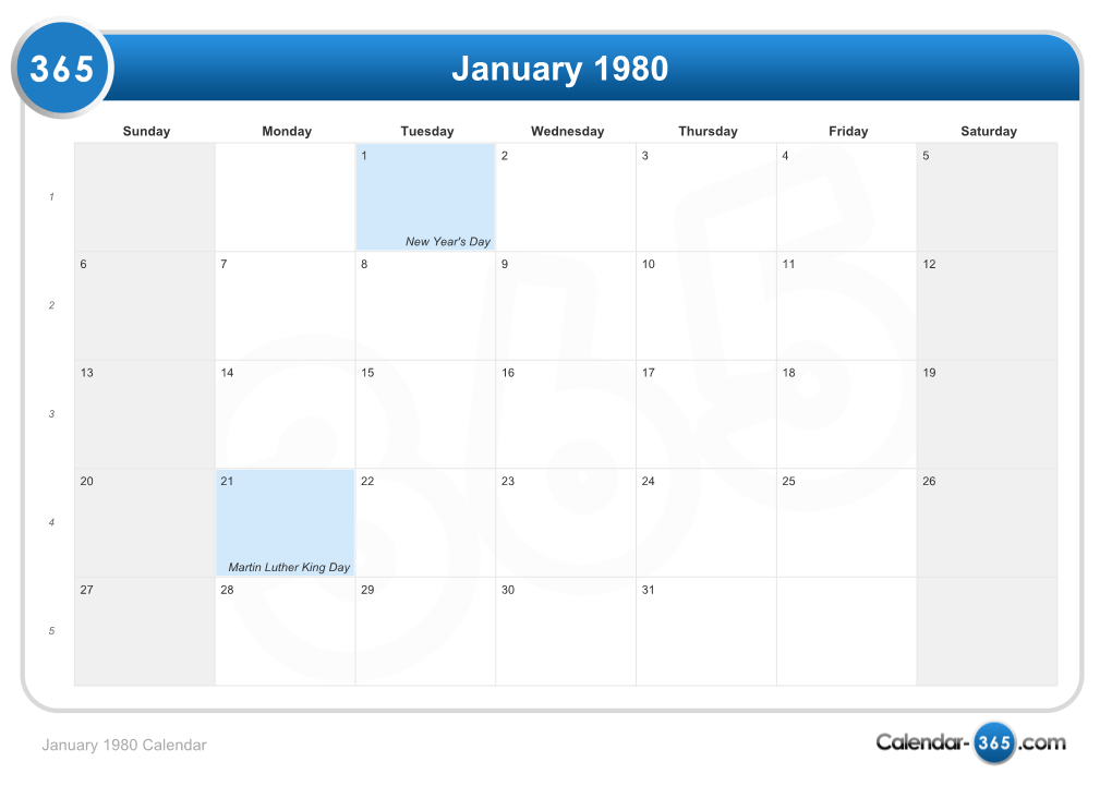 Month Calendar 1980 & Holidays 1980