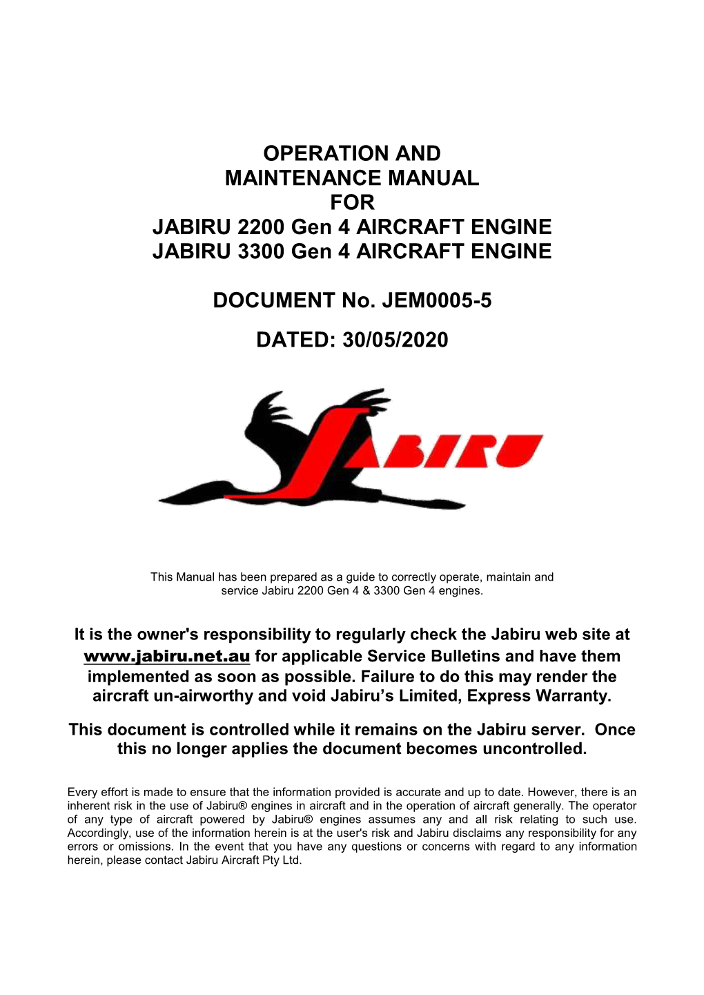 OPERATION and MAINTENANCE MANUAL for JABIRU 2200 Gen 4 AIRCRAFT ENGINE JABIRU 3300 Gen 4 AIRCRAFT ENGINE