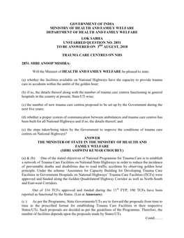 Government of India Ministry of Health and Family Welfare Department of Health and Family Welfare Lok Sabha Unstarred Question No