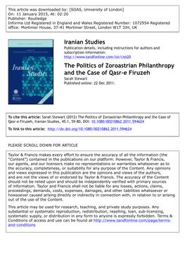 Iranian Studies the Politics of Zoroastrian Philanthropy and The