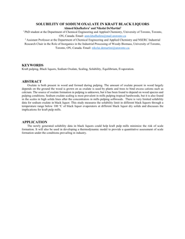 Solubility of Sodium Oxalate in Kraft Black Liquors