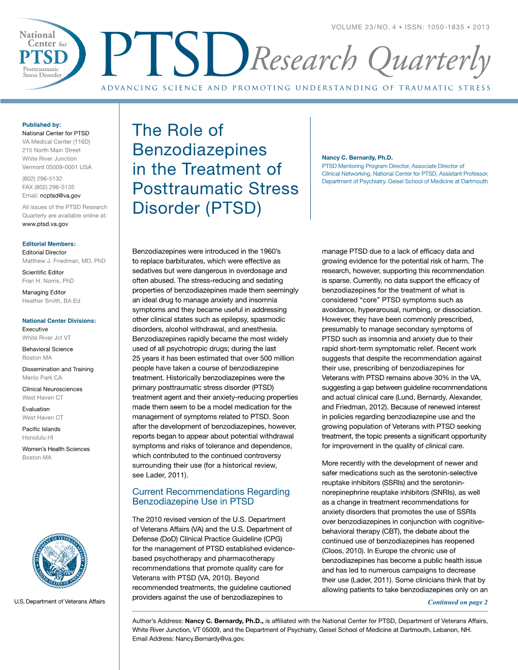 PTSD the Role of VA Medical Center (116D) 215 North Main Street Benzodiazepines White River Junction Nancy C