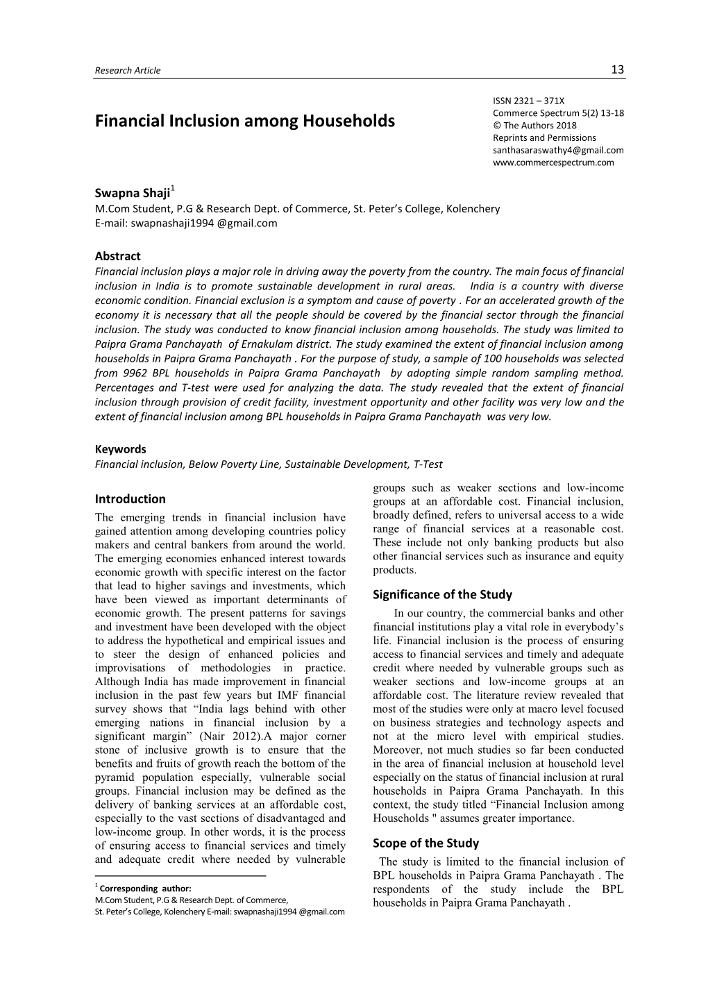 Financial Inclusion Among Households © the Authors 2018 Reprints and Permissions Santhasaraswathy4@Gmail.Com