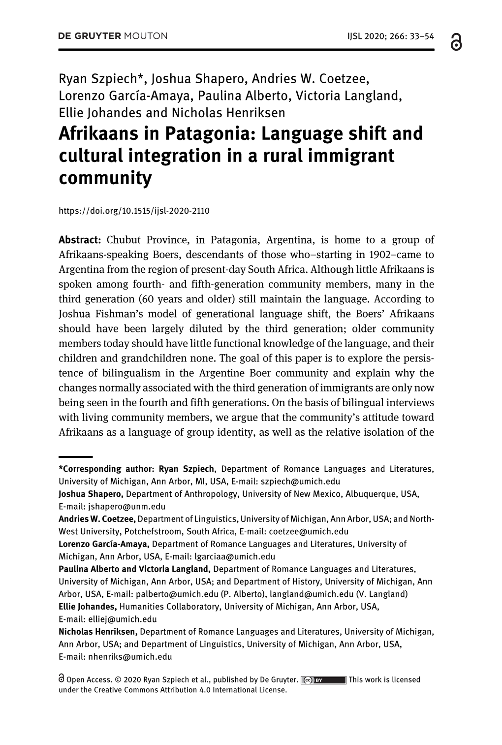 Afrikaans in Patagonia: Language Shift and Cultural Integration in a Rural Immigrant Community