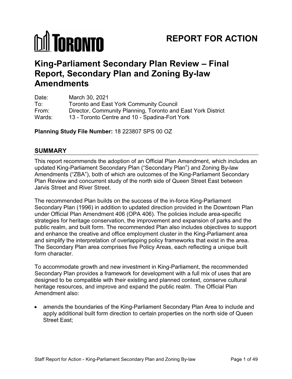 Final Report, Secondary Plan and Zoning By-Law Amendments