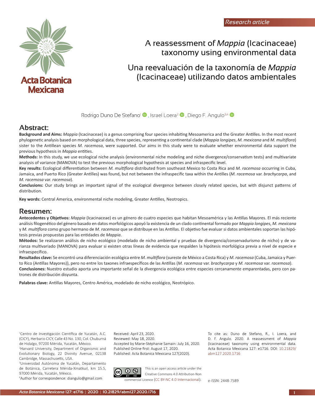 A Reassessment of Mappia (Icacinaceae) Taxonomy Using Environmental Data Una Reevaluación De La Taxonomía De Mappia (Icacinaceae) Utilizando Datos Ambientales