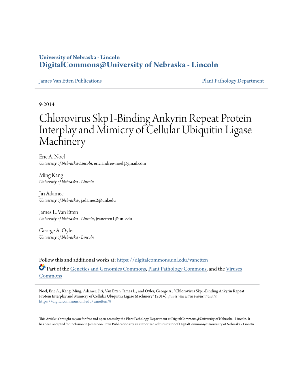 Chlorovirus Skp1-Binding Ankyrin Repeat Protein Interplay and Mimicry of Cellular Ubiquitin Ligase Machinery Eric A