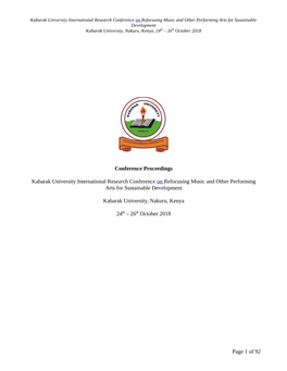 Music and Other Performing Arts for Sustainable Development Kabarak University, Nakuru, Kenya, 24Th – 26Th October 2018