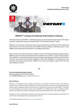 2017-12-08 PAYDAY 2 Release Date for the Nintendo Switch Clean