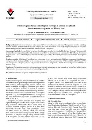 Multidrug Resistance and Integron Carriage in Clinical Isolates of Pseudomonas Aeruginosa in Tehran, Iran