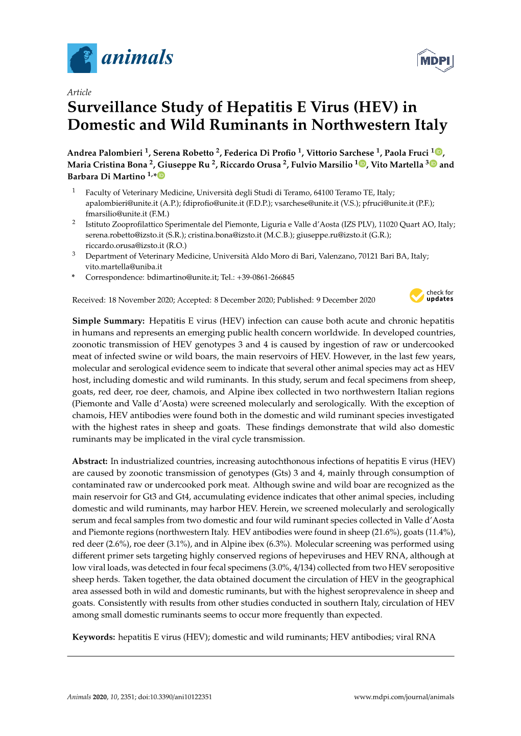 Surveillance Study of Hepatitis E Virus (HEV) in Domestic and Wild Ruminants in Northwestern Italy