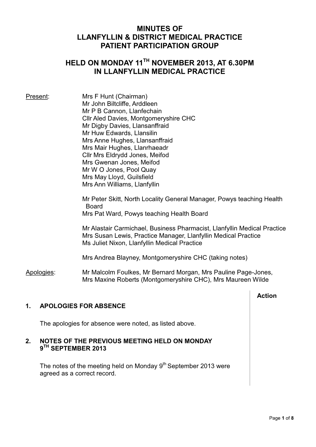 Minutes of Llanfyllin & District Medical Practice