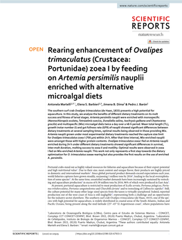 Rearing Enhancement of Ovalipes Trimaculatus (Crustacea: Portunidae