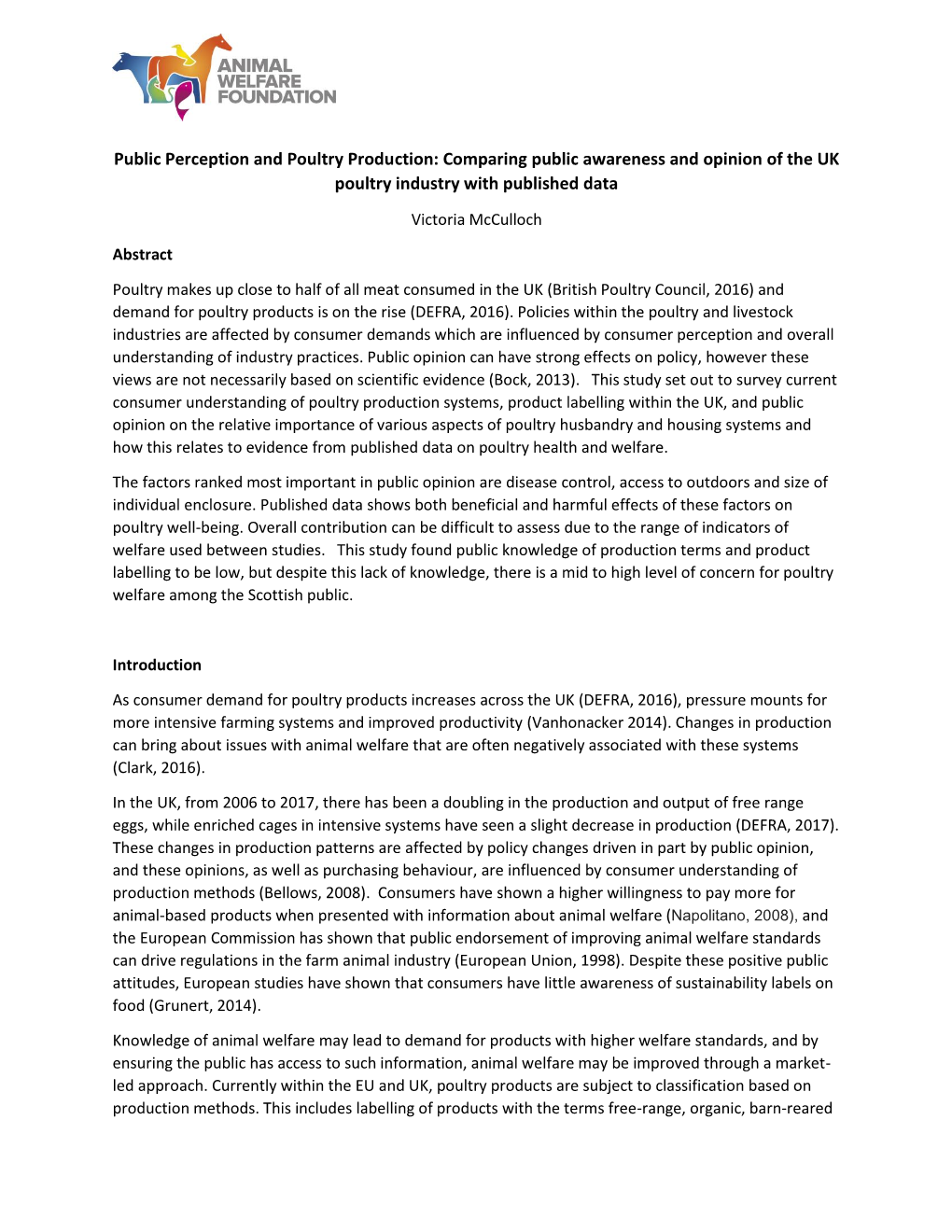 Public Perception and Poultry Production: Comparing Public Awareness and Opinion of the UK Poultry Industry with Published Data