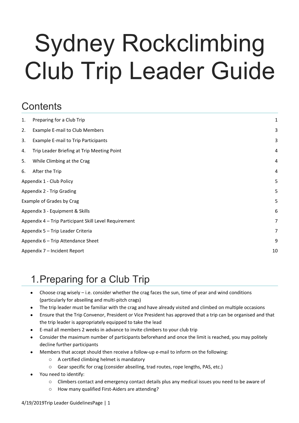 Sydney Rockclimbing Club Trip Leader Guide