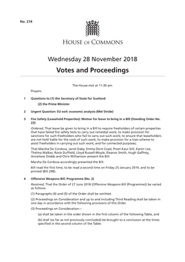 28 November 2018 Votes and Proceedings