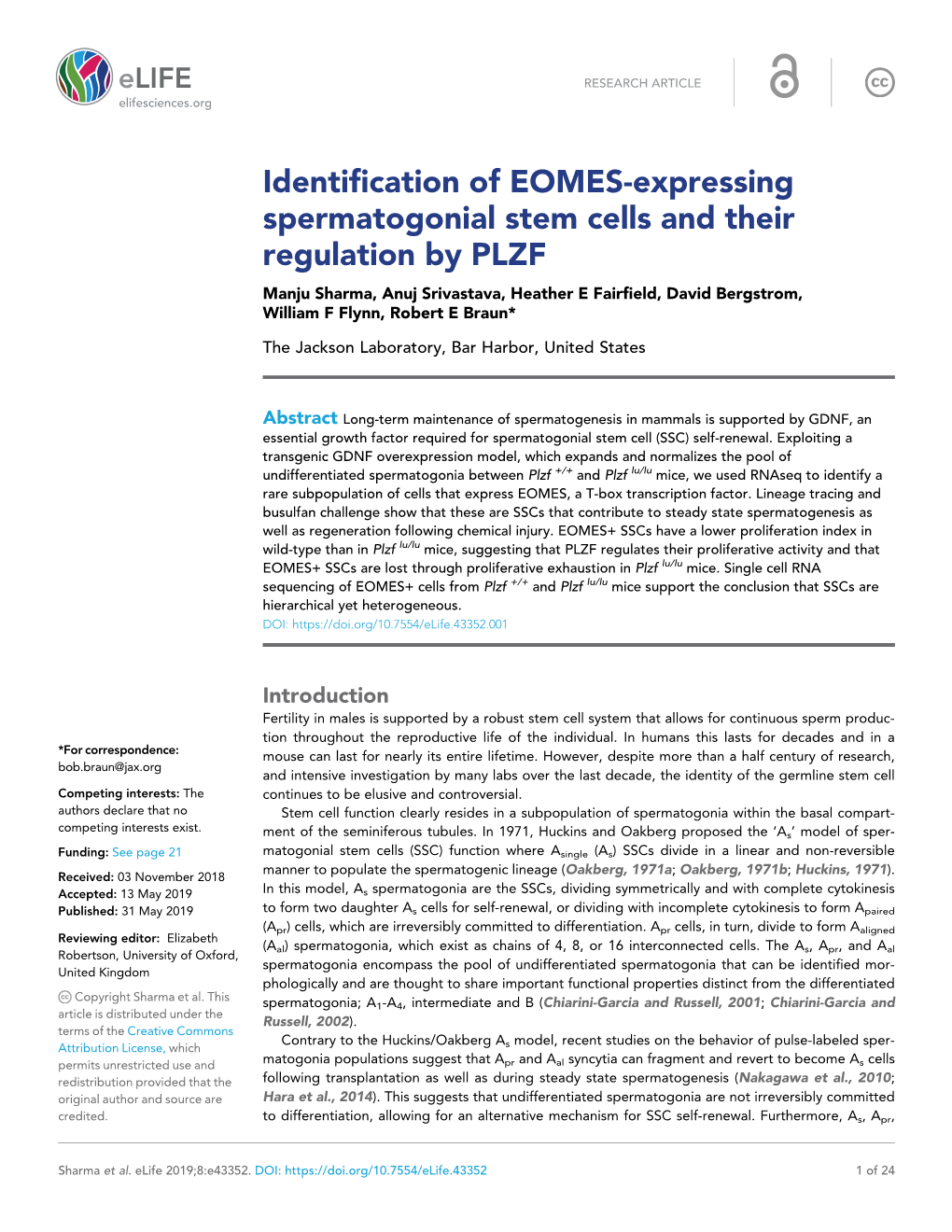 Identification of EOMES-Expressing Spermatogonial Stem Cells and Their Regulation by PLZF