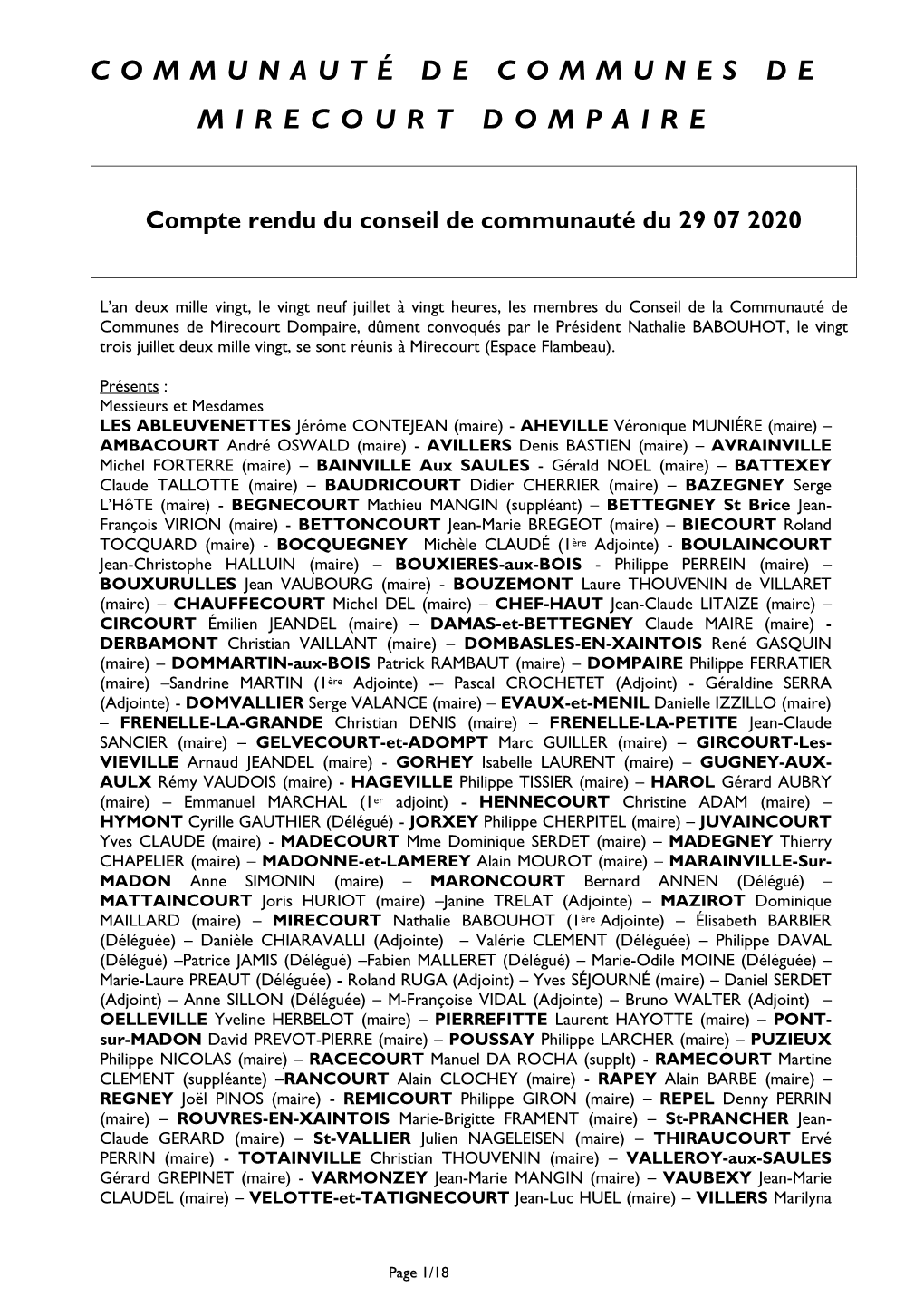 Compte-Rendu Conseil Communautaire 29.07.2020