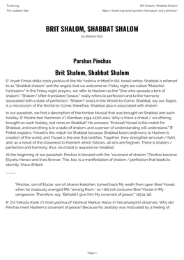 Brit Shalom, Shabbat Shalom the Judaism Site