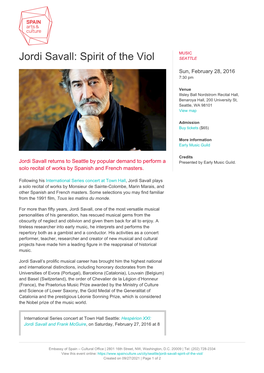 Jordi Savall: Spirit of the Viol SEATTLE
