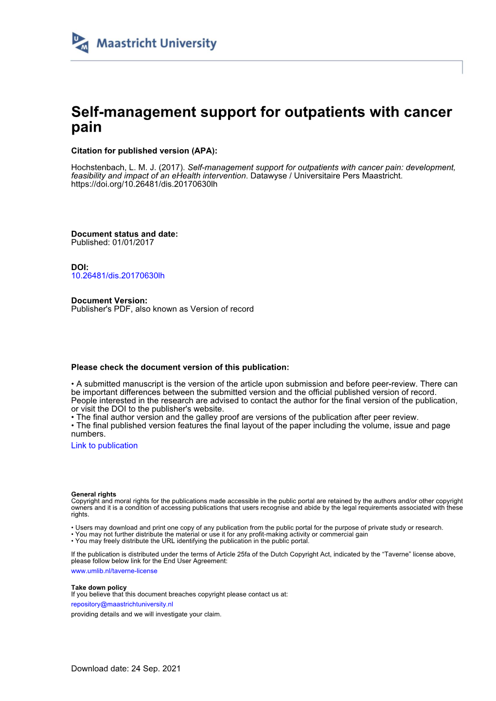 Self-Management Support for Outpatients with Cancer Pain
