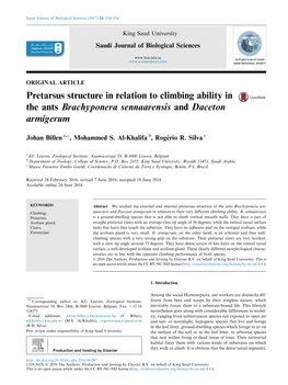 Pretarsus Structure in Relation to Climbing Ability in the Ants Brachyponera Sennaarensis and Daceton Armigerum